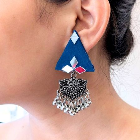 Blue Triangular Jhumka Earrings With Silver Charm